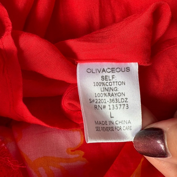 Olivaceous One Shoulder Ruffle Hem Mini Dress, Size Large, Red & Pink Floral - Picture 8 of 9